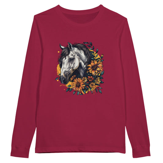 
Red long sleeve shirt featuring a horse surrounded by vibrant flowers, perfect for equestrian enthusiasts.