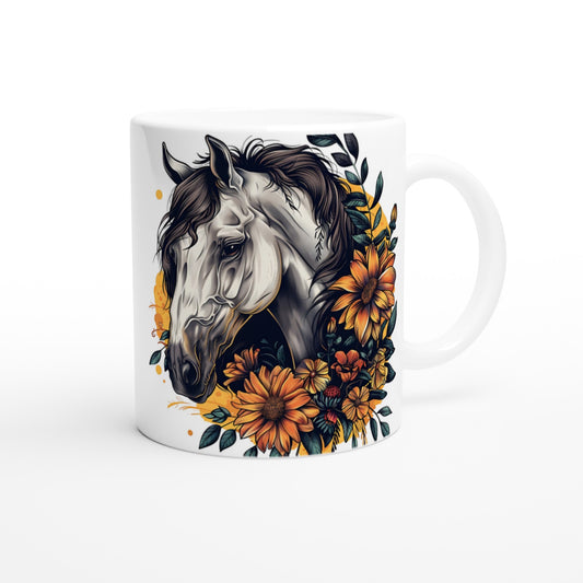 White ceramic horse coffee mug with a white horse and sunflower design

