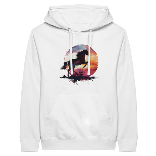 White horse hoodie featuring a watercolor horse design against a colorful horizon background.

