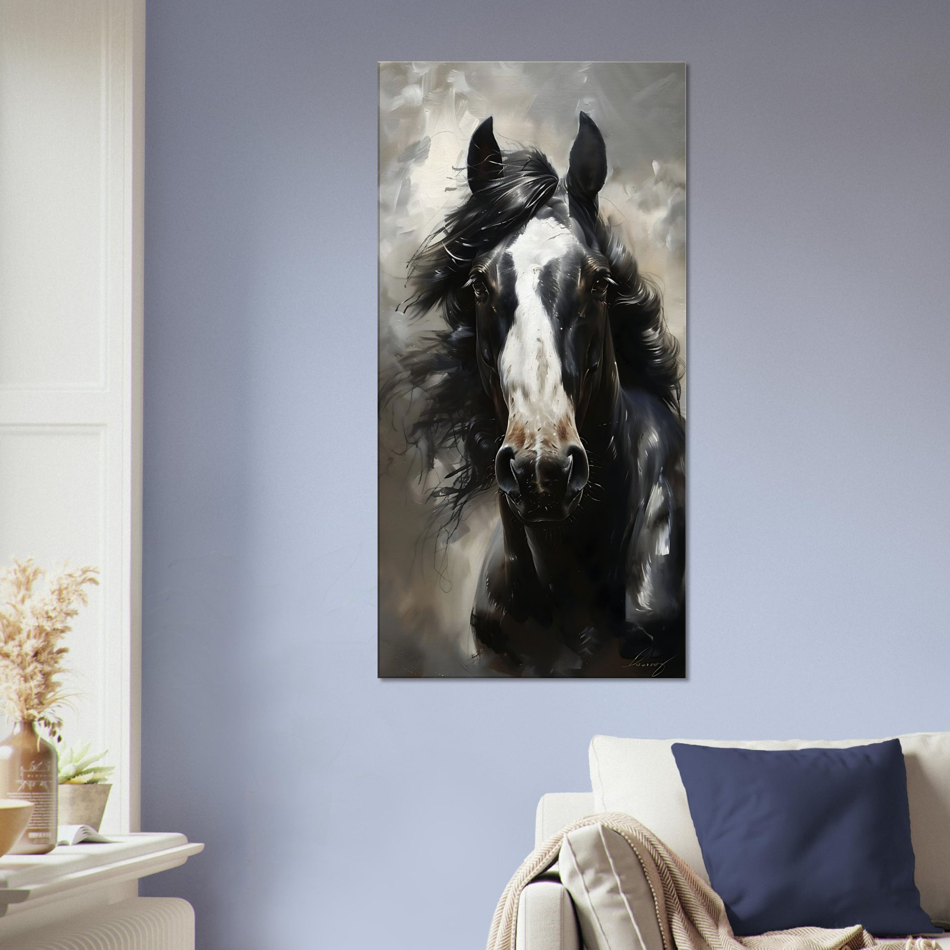 Canvas wall art featuring a majestic horse with an intense gaze for equestrian enthusiasts

