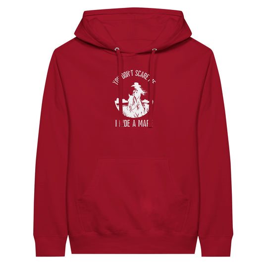 Womens horse hoodie with 'You Don't Scare Me, I Ride a Mare' design, empowering horse lovers