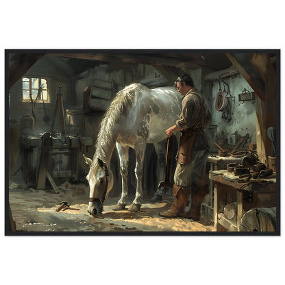 Horse framed wall art featuring a farrier at work with a horse, ideal for equestrian decor