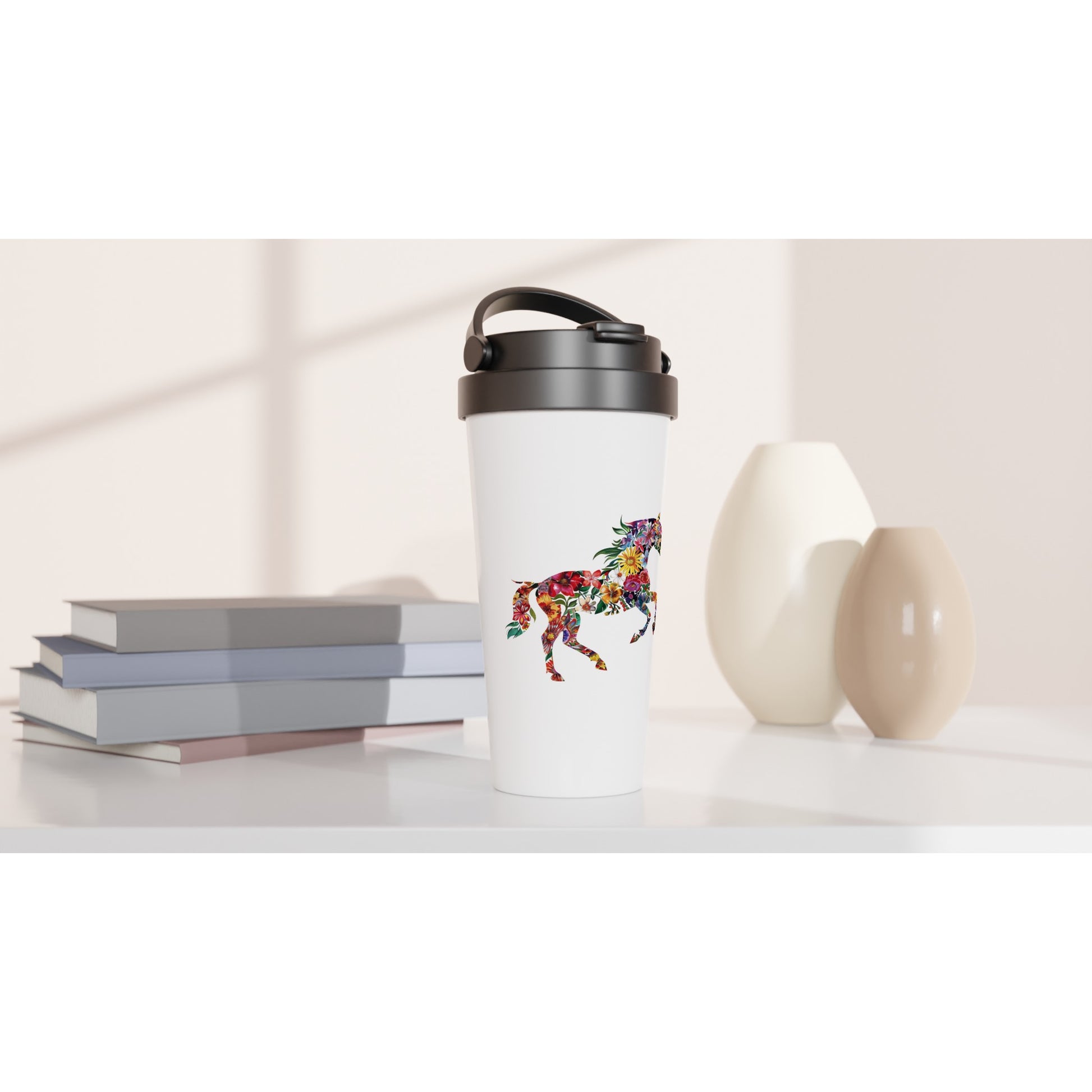 White horse-themed travel tumbler with a colorful floral horse design