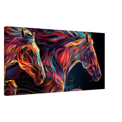 Two vibrant horses depicted in colorful, flowing lines, titled "Dynamic Duo," ideal for modern decor.