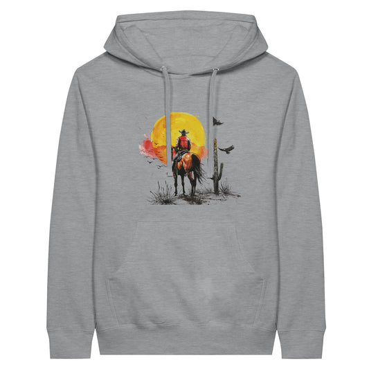 Gray hoodie with a cowboy and horse design set against a desert sunset, perfect for fans of western riding and cowboy culture.

