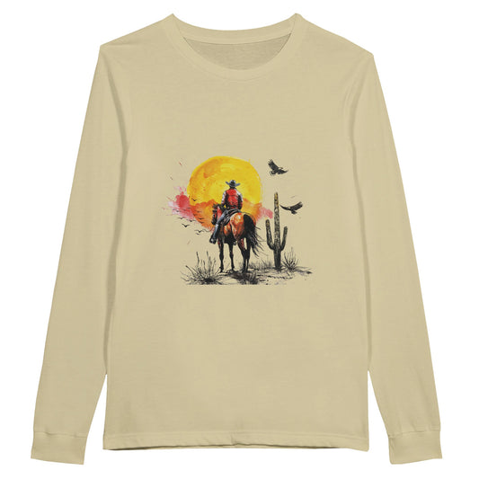 Beige long sleeve shirt with a cowboy and horse design set against a golden desert sunset, perfect for western riding enthusiasts.

