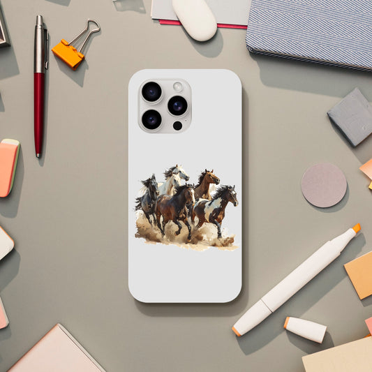 White phone case with horses featuring galloping herd design, wireless charging compatible