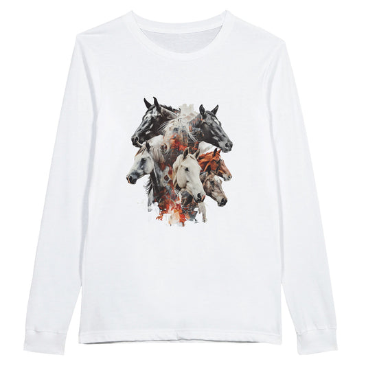 White long sleeve shirt with a majestic herd of horses design, ideal for equestrian enthusiasts and everyday comfort.

