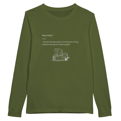 Olive green long sleeve t-shirt with humorous "Haynxiety" definition for horse enthusiasts.