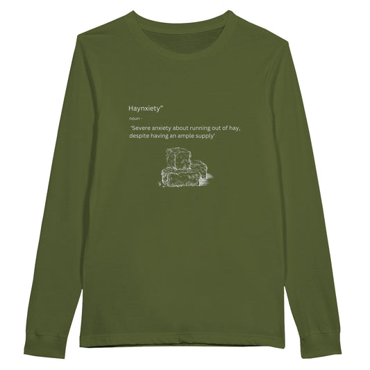 Olive green long sleeve t-shirt with humorous "Haynxiety" definition for horse enthusiasts.