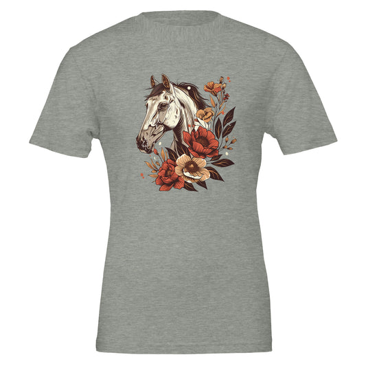 Gray horse shirt with a detailed graphic of a horse surrounded by vibrant flowers, perfect as a T-shirt with horse design.