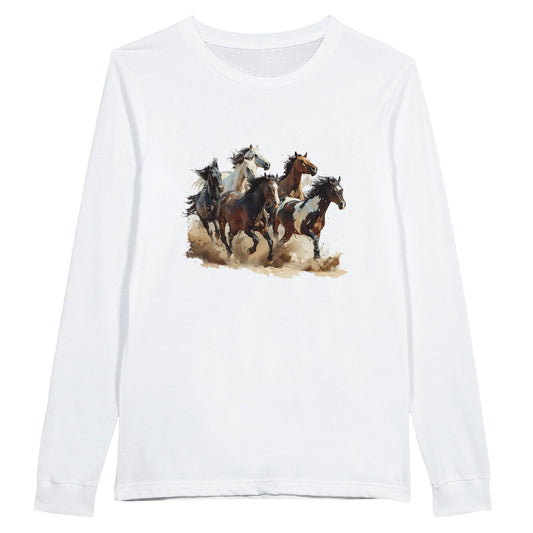 White long sleeve tee with galloping horse design

