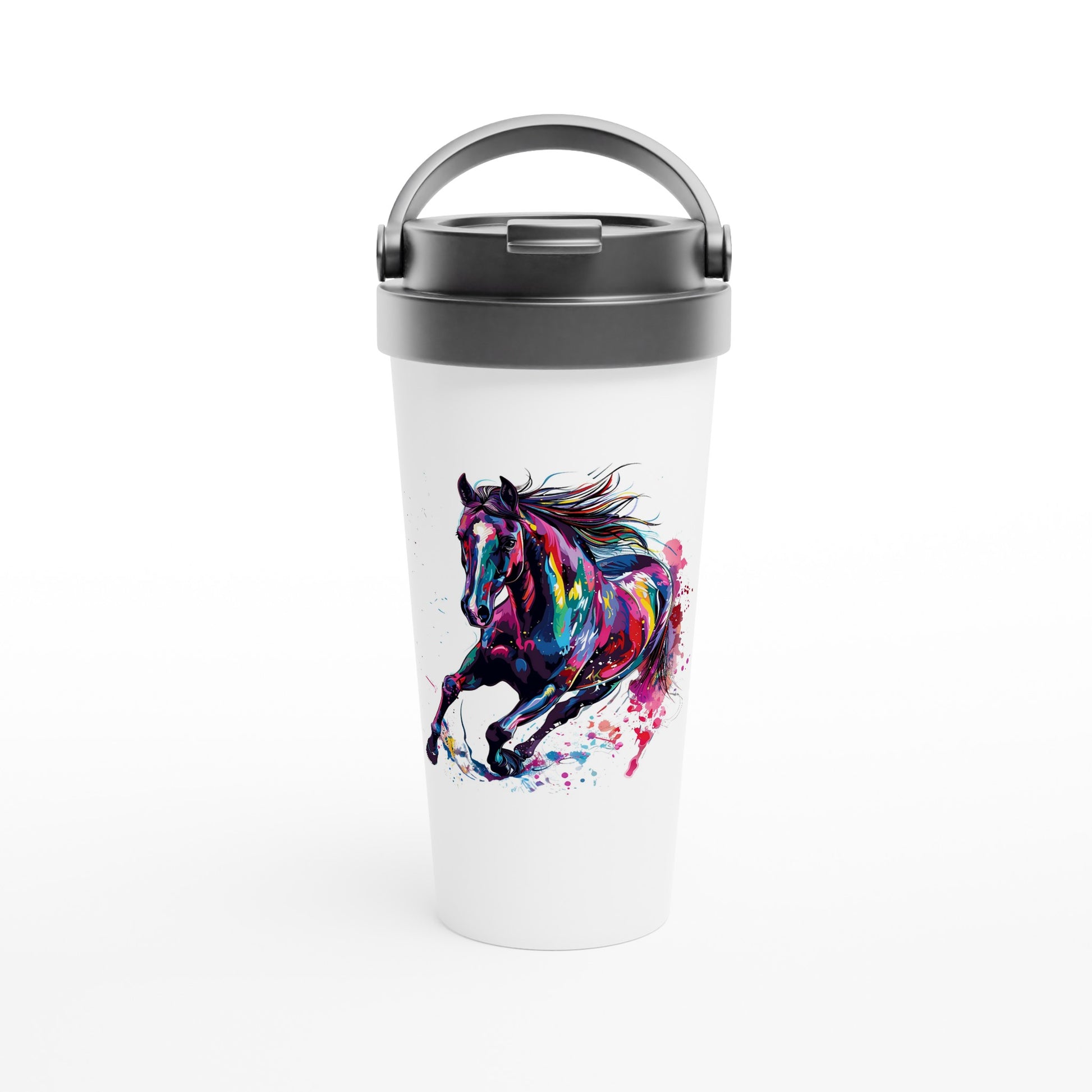 White travel tumbler featuring a colorful galloping horse design, perfect for equestrian enthusiasts.

