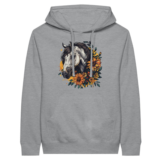 Gray horse hoodie with a white horse and sunflower design


