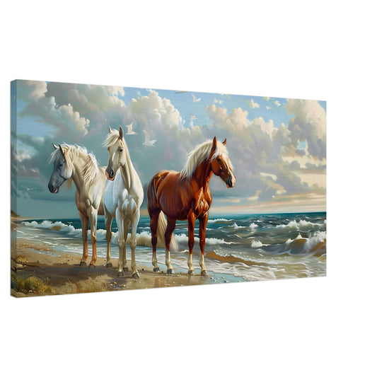 Canvas wall art of wild horses standing on a beach, titled "Coastal Majesty," evoking natural beauty and harmony.