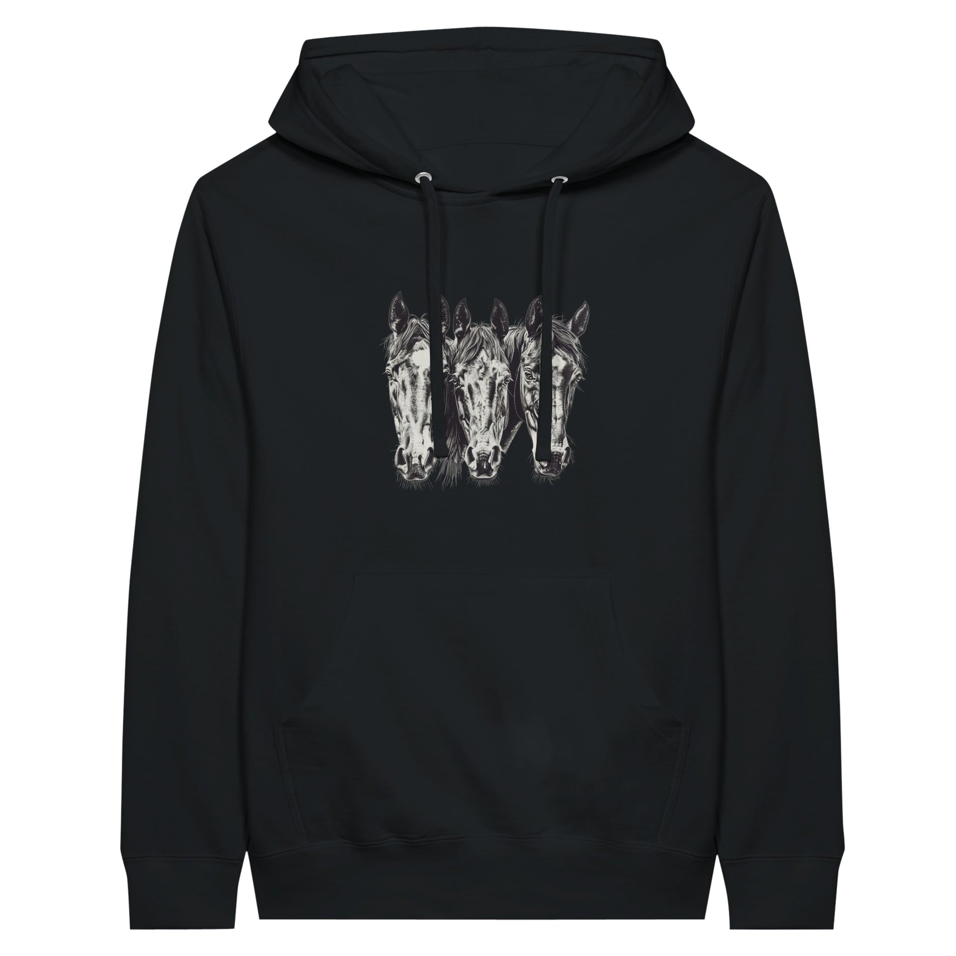 Black hoodie with three detailed horse head designs, perfect for equestrian enthusiasts.

