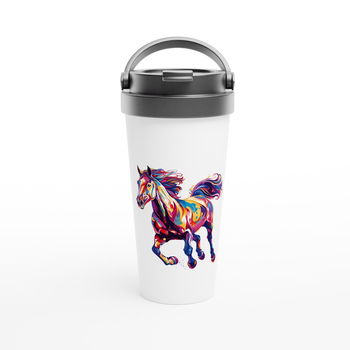 15oz insulated travel mug with a colorful horse design, leak-proof and perfect for horse lovers.

