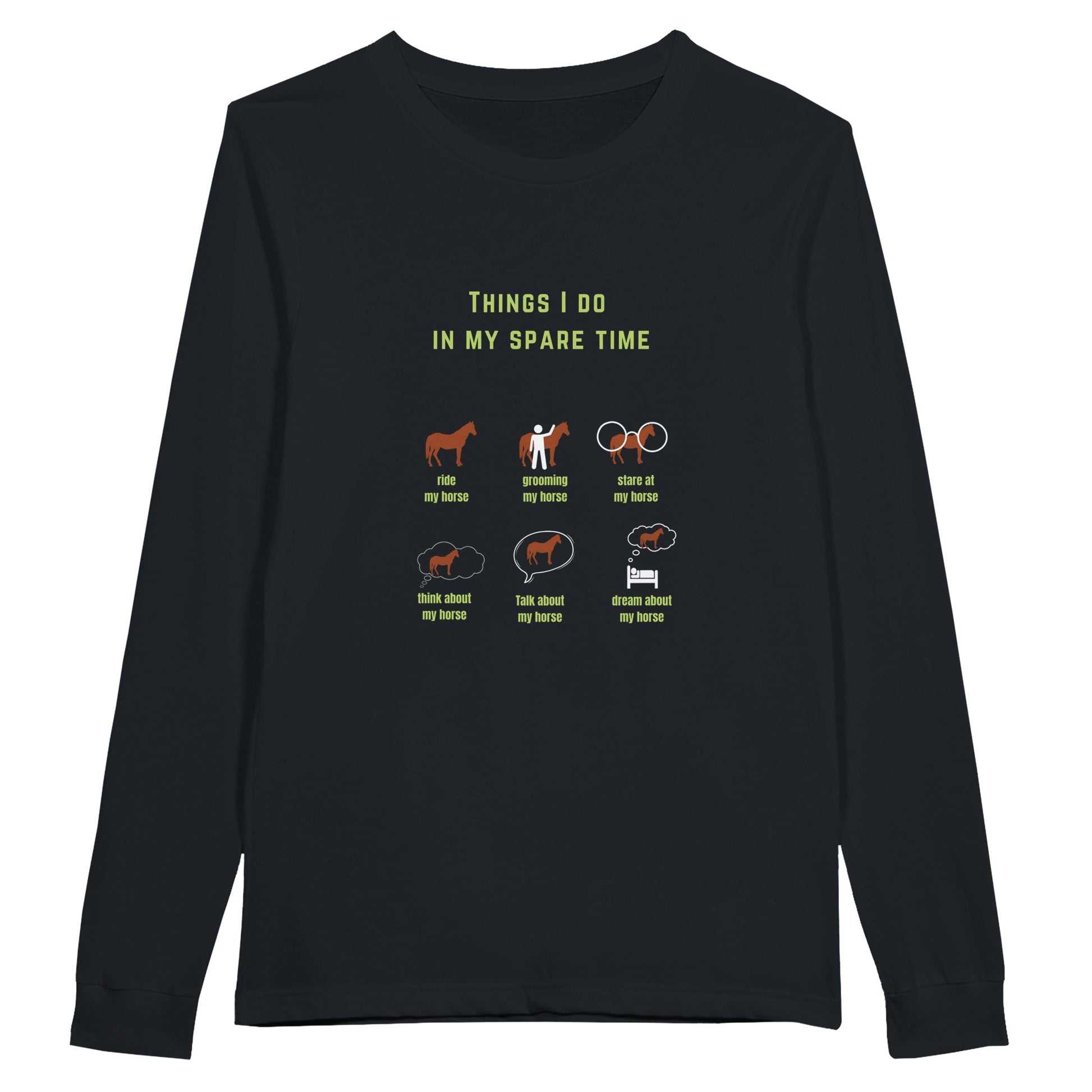 Long sleeve equestrian shirt with 'Things I Do in My Spare Time' design, ideal for horse lovers