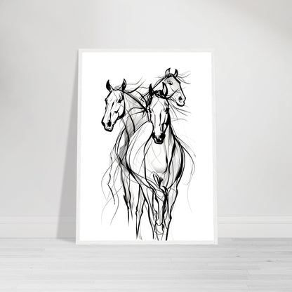 Horse framed wall art with black-and-white sketch of three horses in motion, perfect for horse enthusiasts