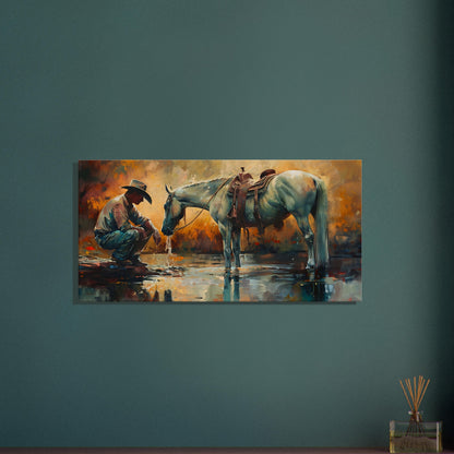 Horse canvas wall art with cowboy and horse at a stream, ideal for rustic decor
