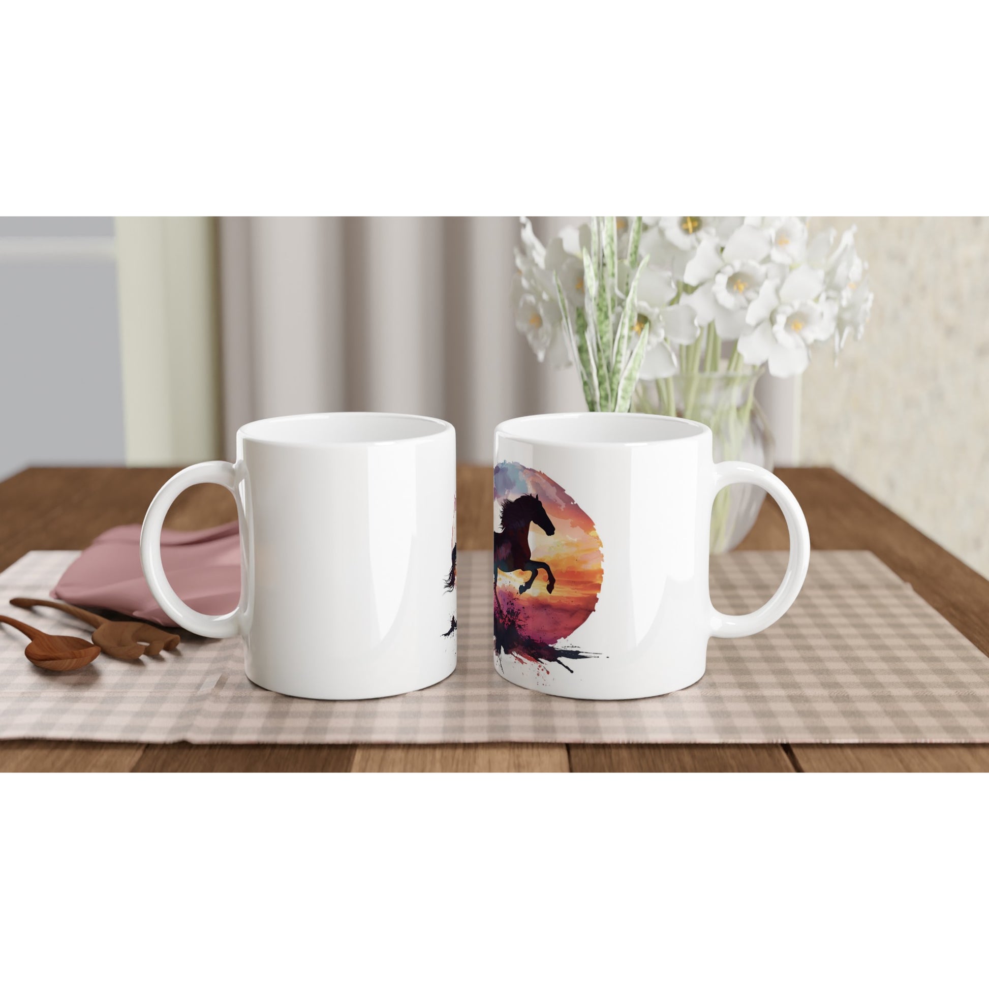 White horse coffee mug featuring a watercolor horse design against a colorful sunset horizon.

