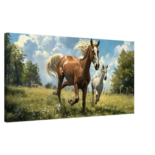 "Joyful Gallop" horse canvas wall art - two horses running in a sunlit meadow

