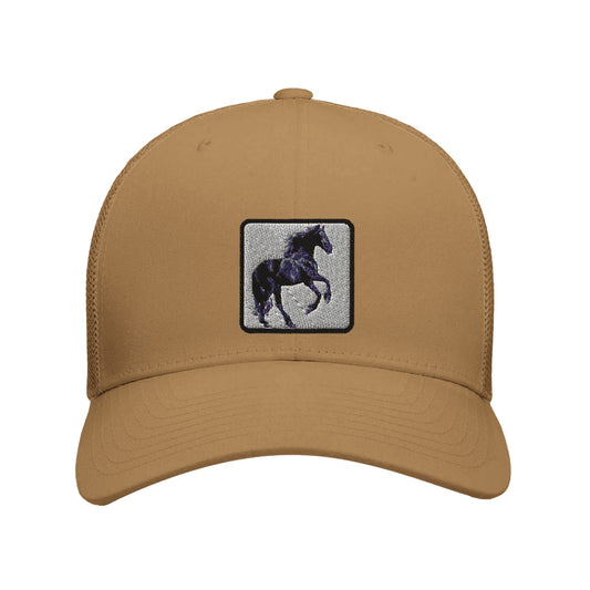 Tan trucker hat with an embroidered galloping horse design, perfect for horse enthusiasts.

