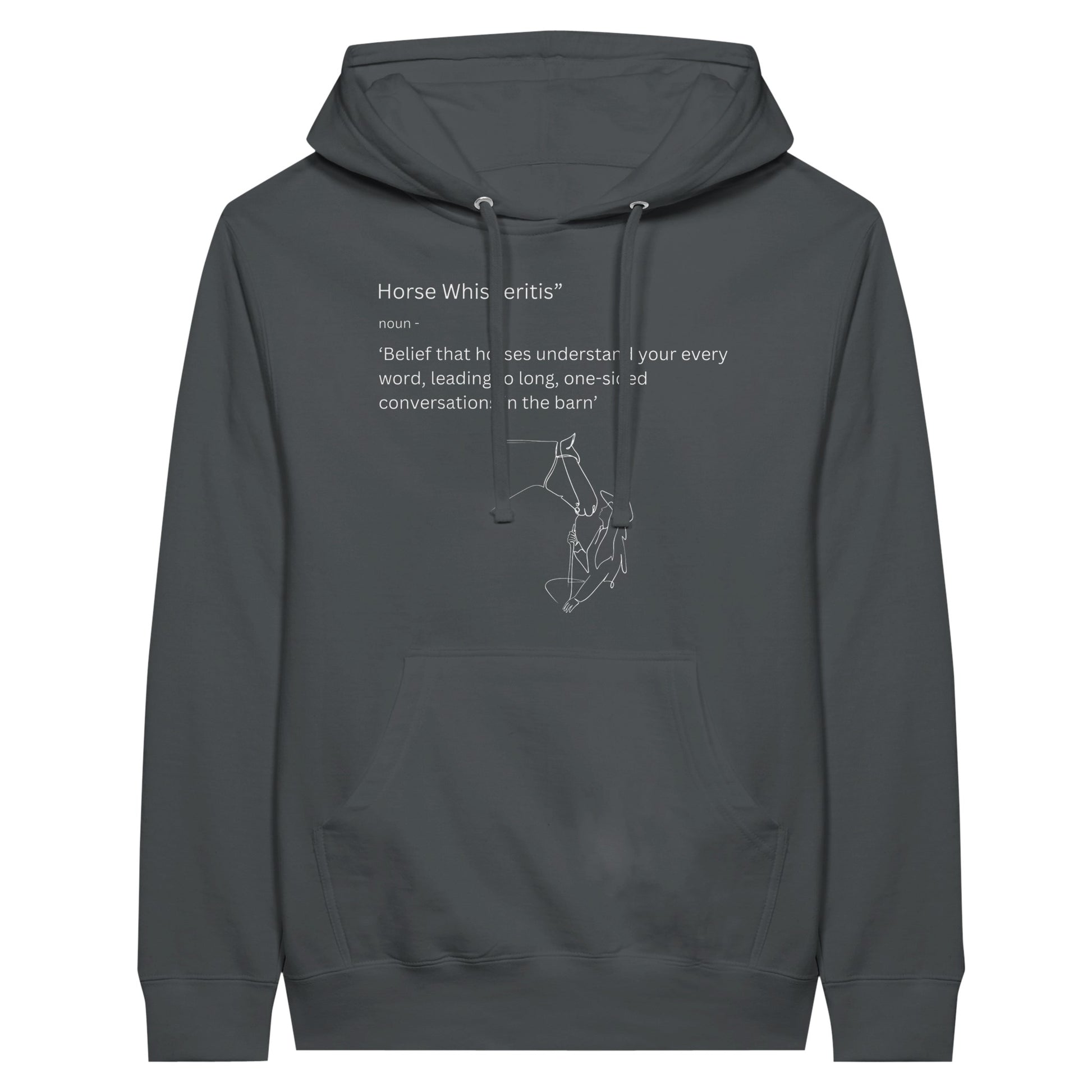 Gray pullover hoodie with "Horse Whisperitis" humorous phrase, ideal for equestrians with a sense of humor.