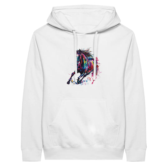 White hoodie with a colorful galloping horse design, perfect for equestrian enthusiasts.


