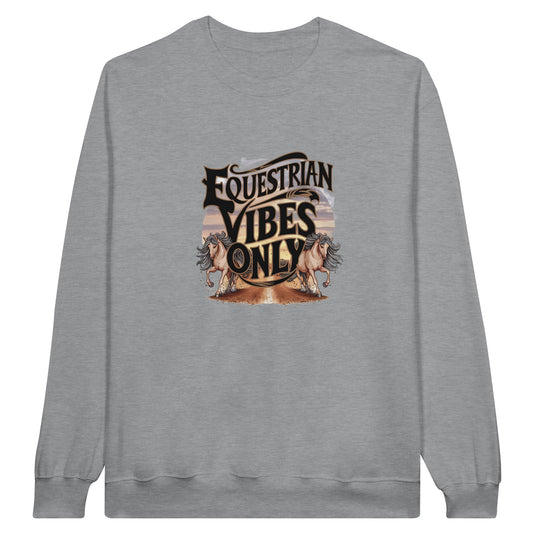 Gray sweatshirt with "Equestrian Vibes Only" text and horse graphics, ideal for equestrian enthusiasts.

