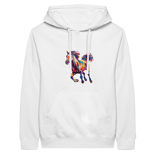 White hoodie with a colorful, artistic horse design – perfect for horse lovers.