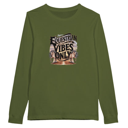 Green long sleeve t-shirt with "Equestrian Vibes Only" text and galloping horse graphics, ideal for equestrian enthusiasts.


