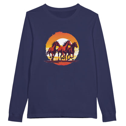 Navy blue long sleeve equestrian shirt with three horses galloping against a vivid sunset design.

