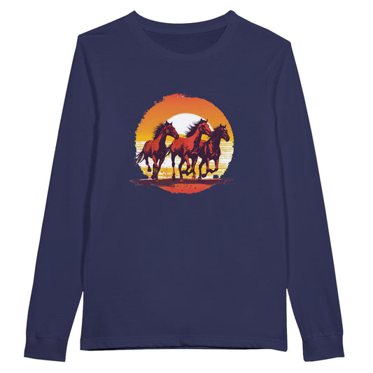 Navy blue long sleeve equestrian shirt with three horses galloping against a vivid sunset design.

