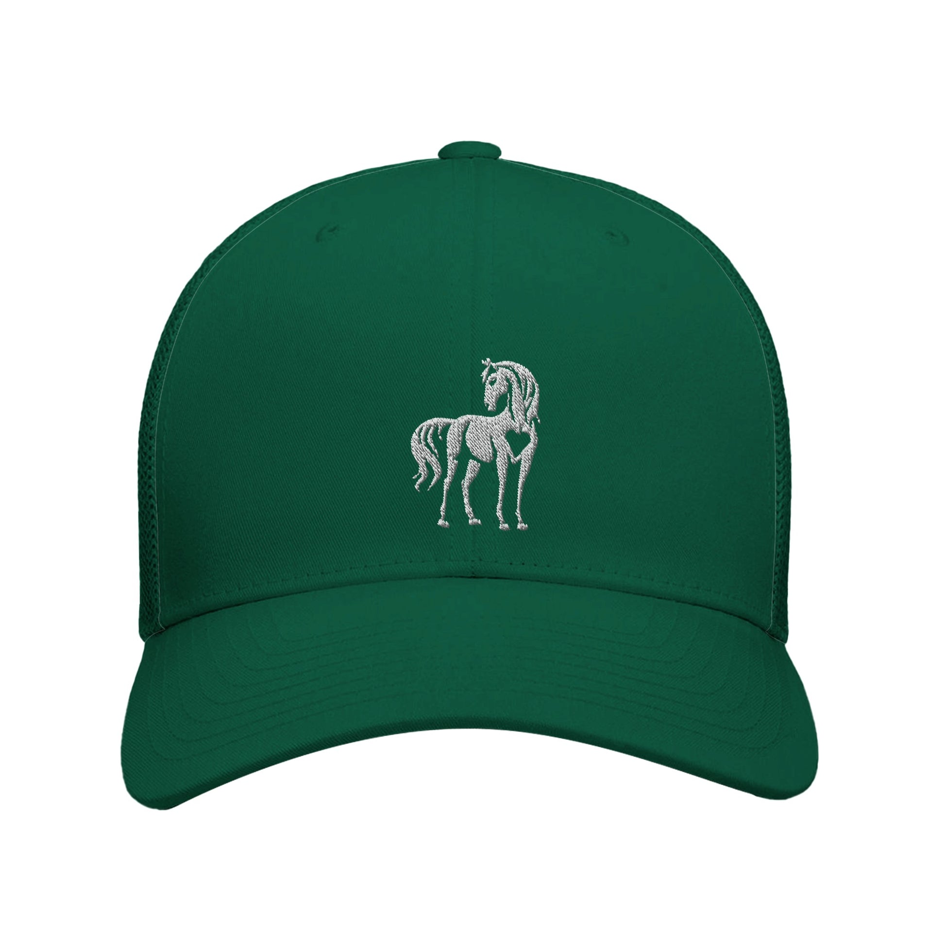 Green horse trucker hat with embroidered horse and heart design

