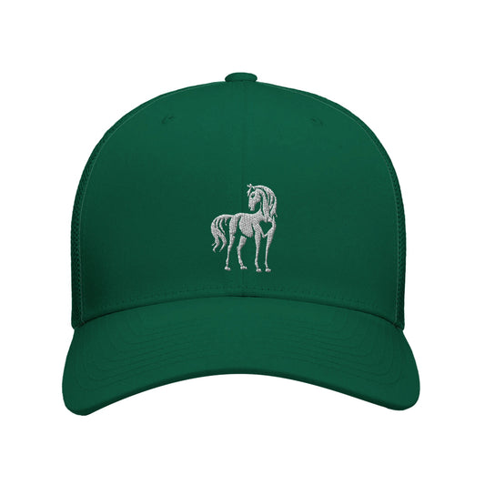 Green horse trucker hat with embroidered horse and heart design

