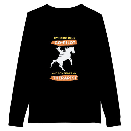 Black long sleeve t-shirt with "My horse is my co-pilot... and sometimes my therapist" text and rider illustration for women and girls

