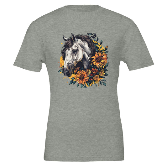 
Gray t-shirt featuring a horse surrounded by colorful flowers, ideal for horse enthusiasts.