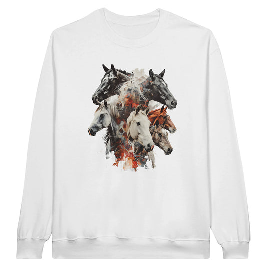 White sweatshirt with a majestic herd of horses design, perfect for equestrian enthusiasts and everyday comfort.

