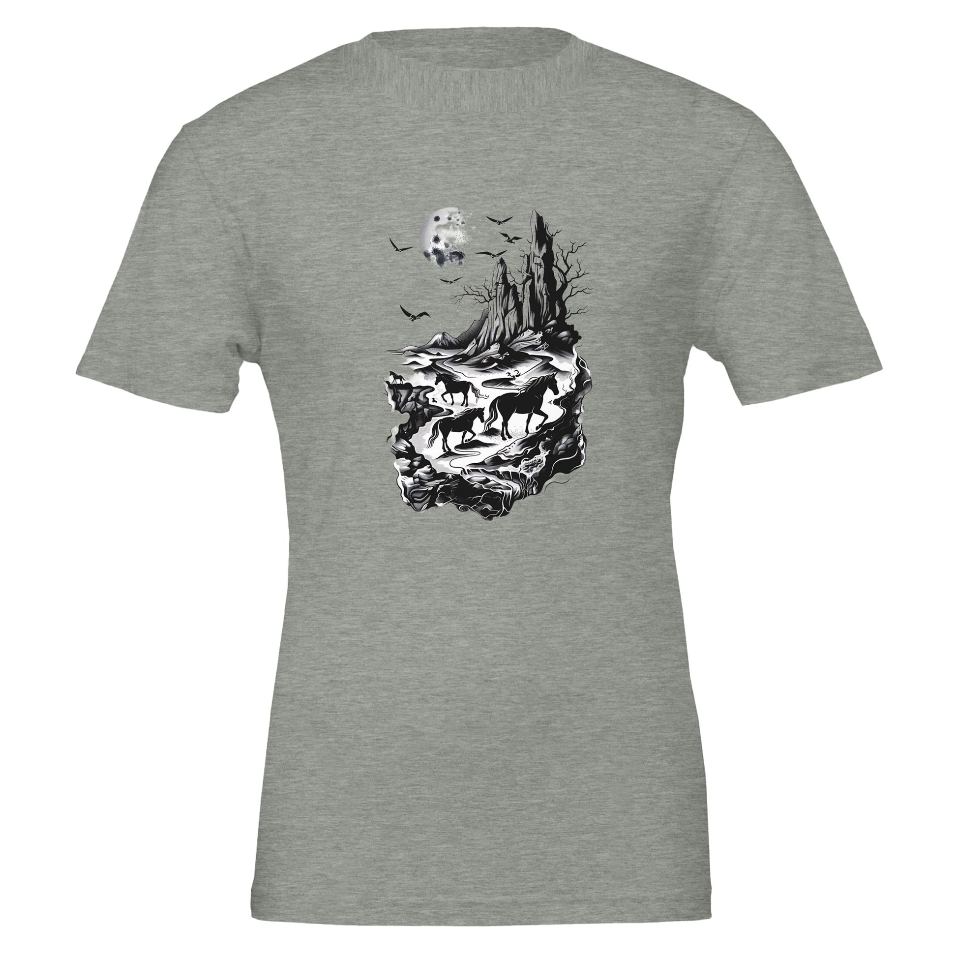 Gray T-shirt with horse design showcasing a black-and-white surreal landscape with horses under a moonlit sky.

