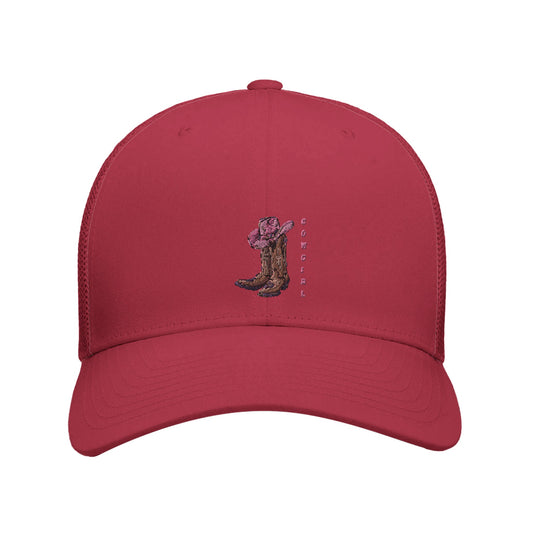 Red trucker hat featuring an embroidered pink cowgirl hat and boots design, perfect for western style fans.

