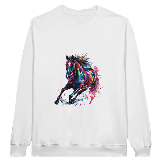 White sweatshirt with a colorful galloping horse design, ideal for equestrian enthusiasts.

