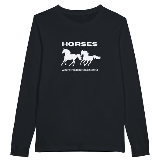 Black long-sleeve t-shirt with galloping horses and "horses: Where Freedom Finds Its Stride" phrase, ideal for equestrian fans.