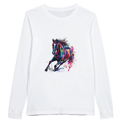 
White long sleeve shirt with a vibrant galloping horse design, ideal for horse lovers and equestrian enthusiasts.