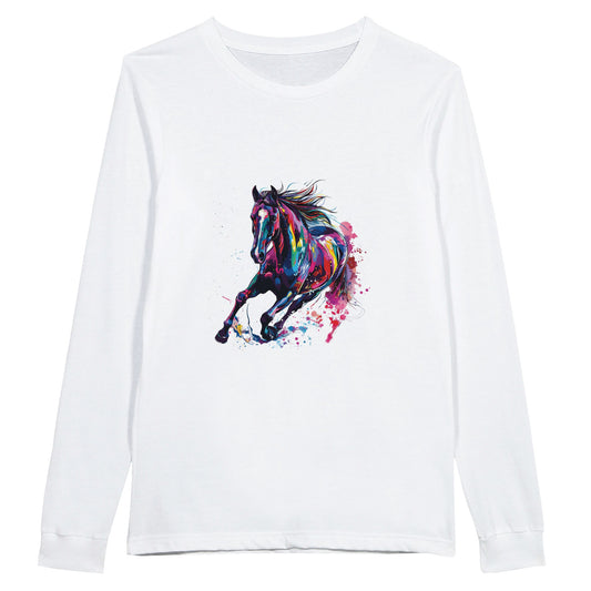 
White long sleeve shirt with a vibrant galloping horse design, ideal for horse lovers and equestrian enthusiasts.