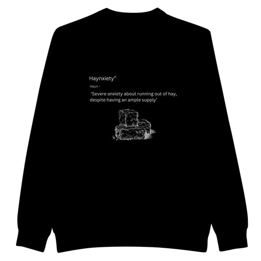 Black sweatshirt with the humorous "Haynxiety" definition for horse enthusiasts.