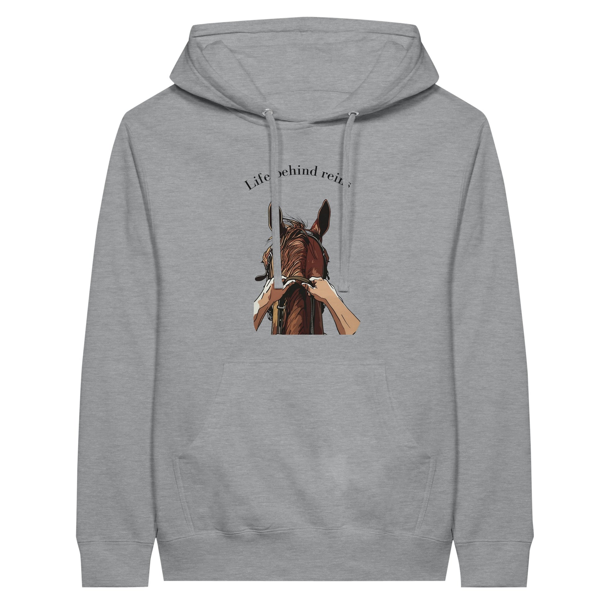 Gray hoodie with "Life Behind Reins" design featuring a horse and reins for horseback riding enthusiasts