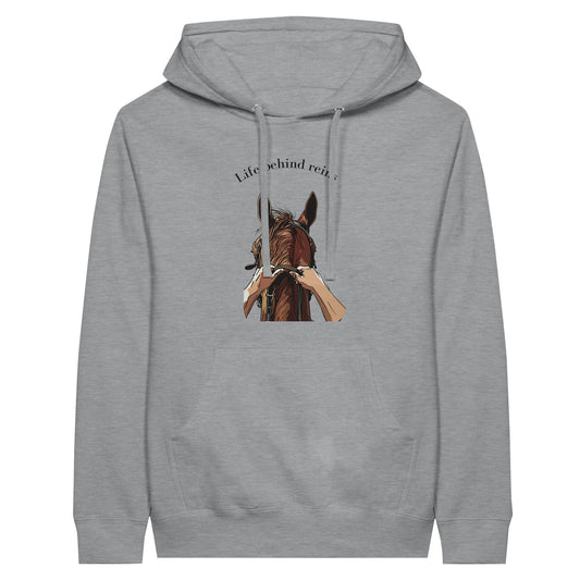 Gray hoodie with "Life Behind Reins" design featuring a horse and reins for horseback riding enthusiasts