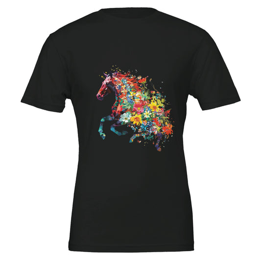 Black horse t-shirt for women with a floral galloping horse design

